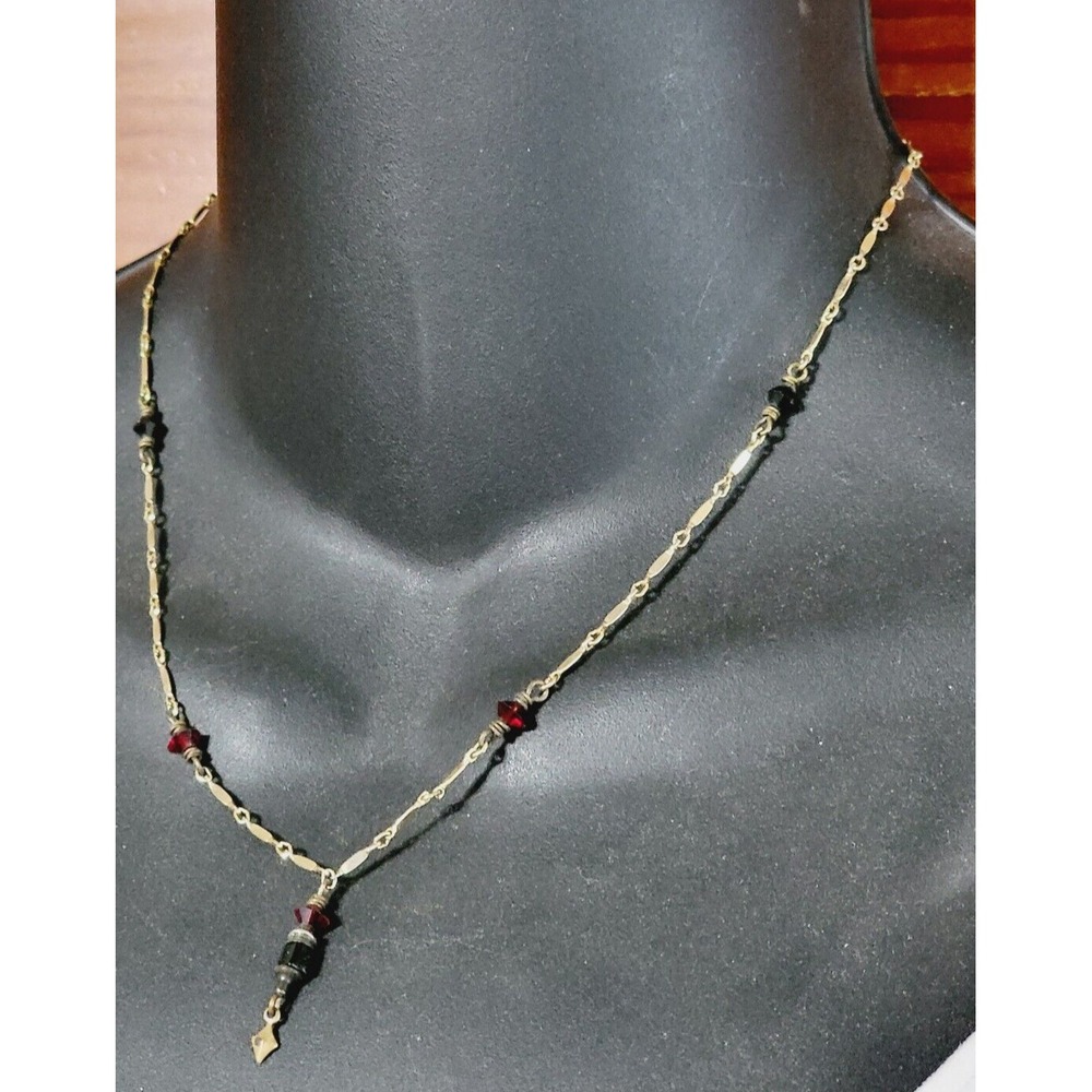 Vintage Gold Necklace Dainty Red Black Crystal Glass Link Chain Desert Heart